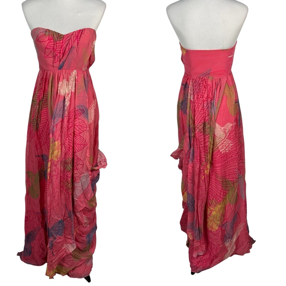Tibi New York Silk Maxi Ruffle Dress Pink Floral Hummingbird Tropical Whimsical